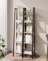 Hzuaneri Ladder Shelf, Bookshelf Bookcase, Freestanding Corner Storage Shelve with 2 Hooks for Home Office, Living Room, Kitchen, Bedroom, Industrial, 5-Tier Greige BC03205B Hzuaneri