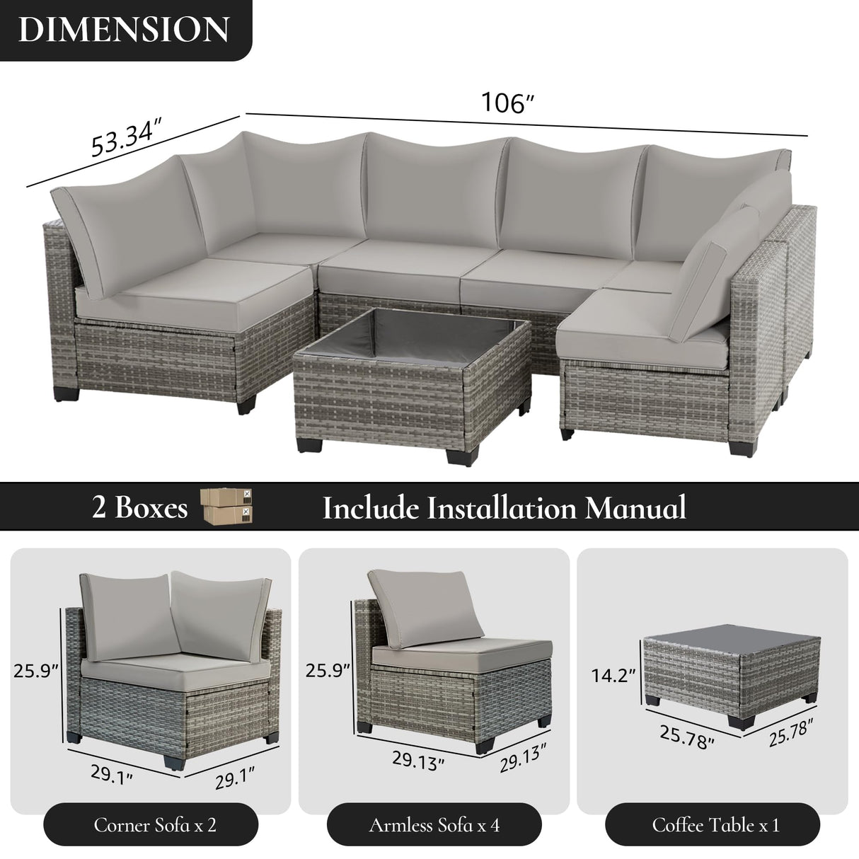 FHFO 7 Pieces Outdoor Patio Furniture Set, Wicker Sectional Sofa Set Rattan Modular Patio Conversation Sets with Cushions Couch Set & Coffee Table for Outside, Garden, Balcony, Porch, Grey FHFO