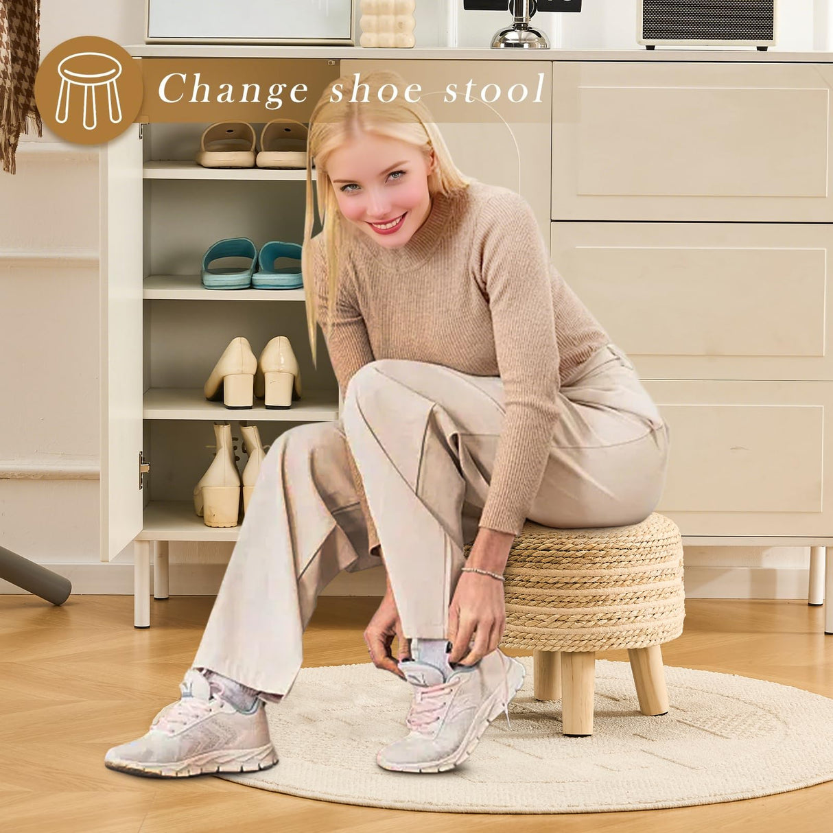 Cpintltr Round Seagrass Ottoman Footstool Handwoven Water Hyacinth Pouf with Solid Wood Legs Shoe Changing Stool Sturdy & Stylish Footrest for Living Room Balcony or Garden Beige Cpintltr