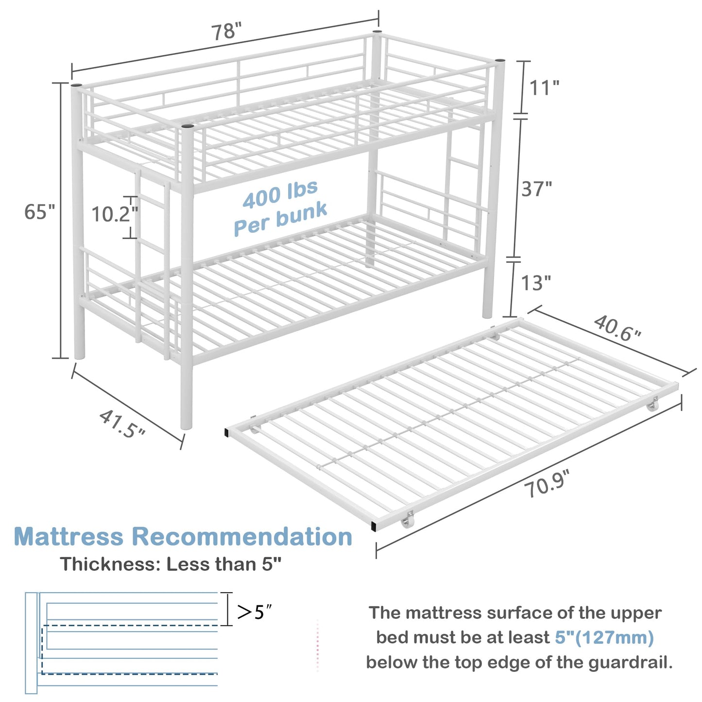 VECELO Twin Over Twin Bunk Bed with Trundle, Metal Bunkbeds with Ladder and Full-Length Guardrail, Noise Free, No Box Spring Needed, Off White