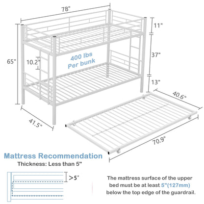 VECELO Twin Over Twin Bunk Bed with Trundle, Metal Bunkbeds with Ladder and Full-Length Guardrail, Noise Free, No Box Spring Needed, Off White