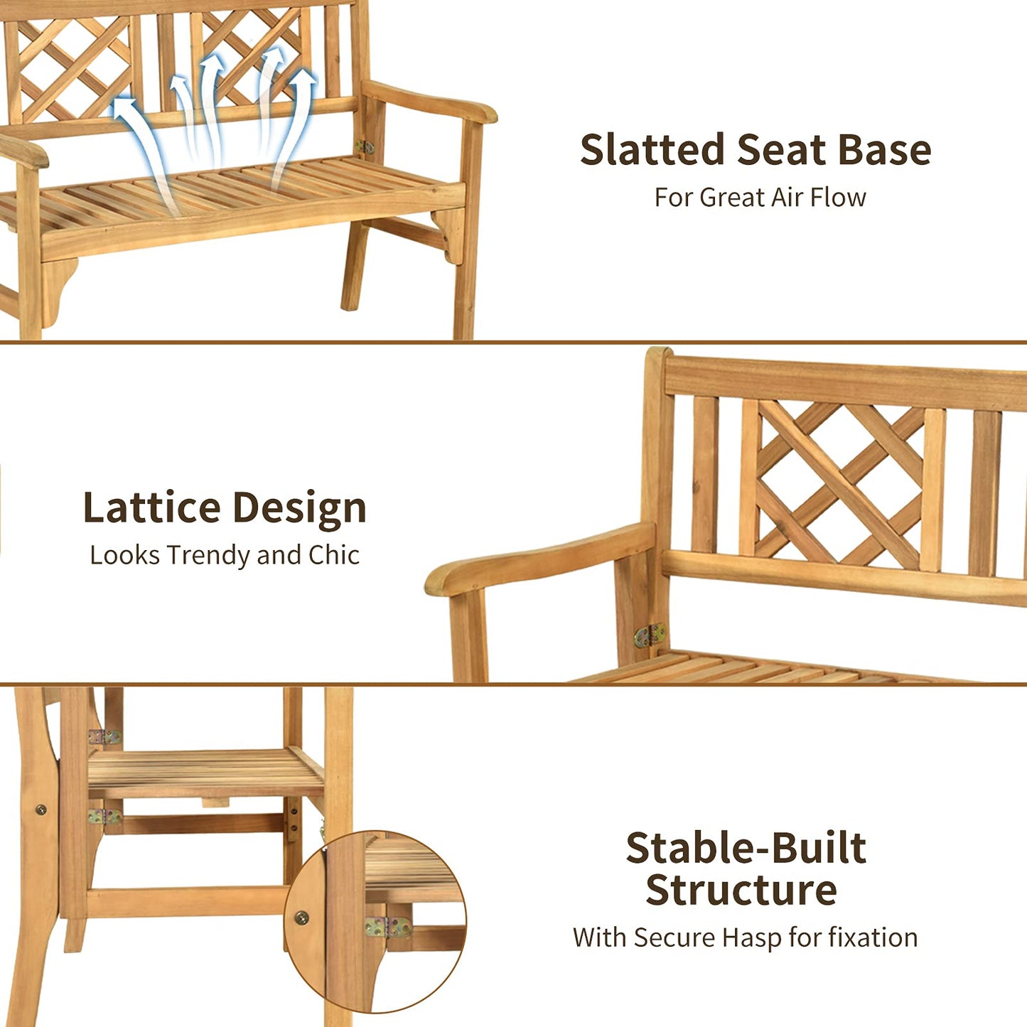 Tangkula Teak Folding Acacia Wood Garden Bench for 2 – Space-Saving, Ergonomic Design with Stylish Lattice Backrest - WoodArtSupply