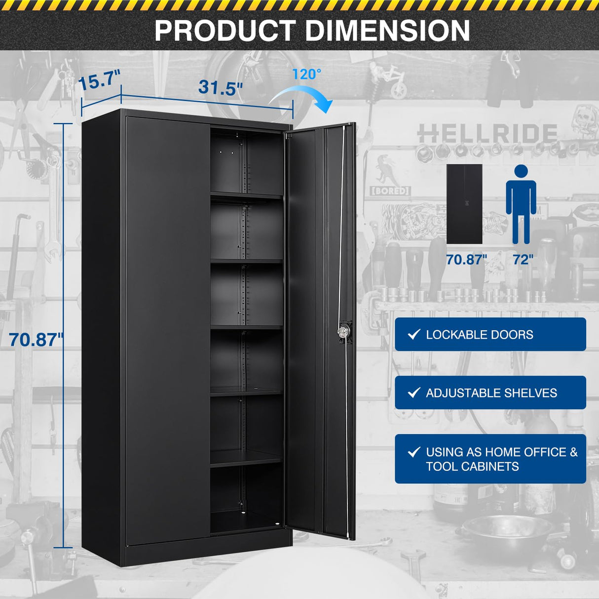 Fesbos Metal Storage Cabinet-71” Tall Steel File Cabinets with Lockable Doors and Adjustable Shelves-Black Steel Storage Cabinet for Home,Kitchen, School, Office, Garage Fesbos