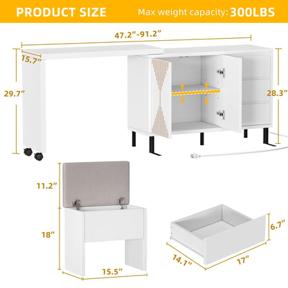 DWVO LED Vanity desk with Mirror and Lights - 360° Rotatable Makeup Vanity with 5 Drawers, Modern Makeup Table with Fluted Panel Doors Adjustable Shelf, Extensible from 47.2" to 91.2", White - WoodArtSupply