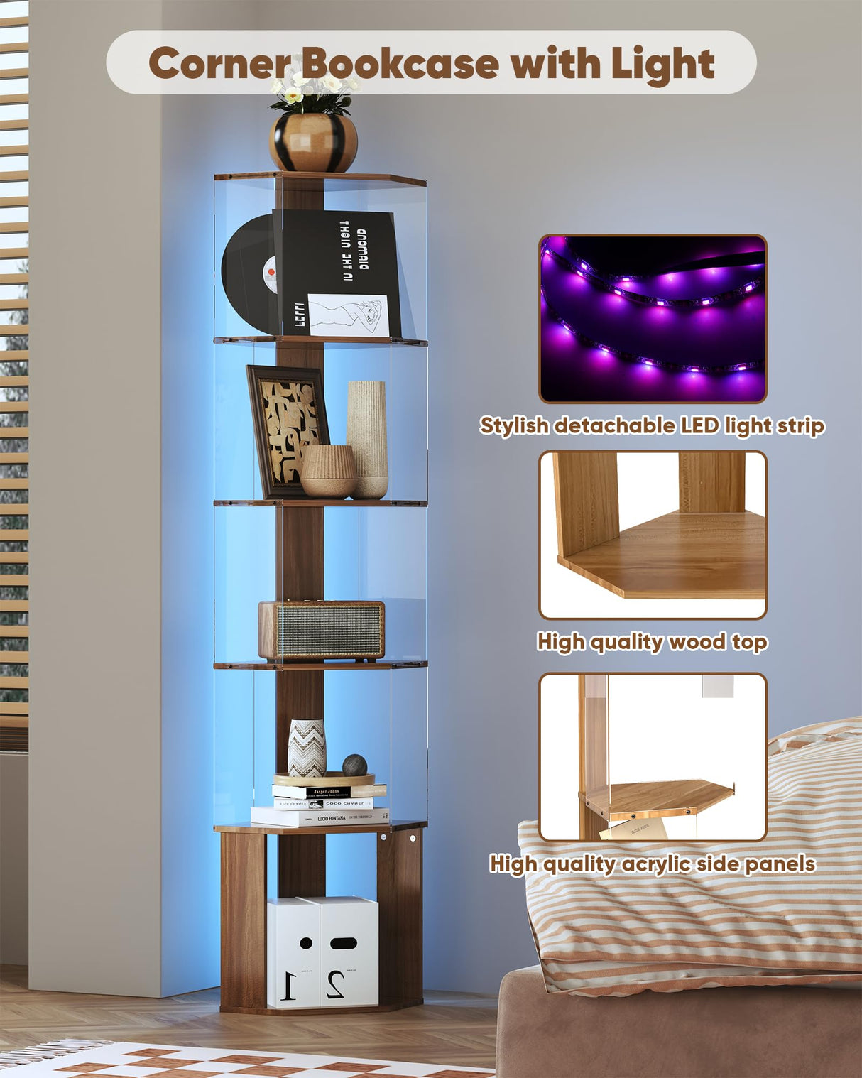 6 Tier Corner Shelf with Adjustable LED Light Corner Shelf Stand 62.8in High Acrylic Corner Display Cabinet for Living Room Bedroom Study Room Baoz