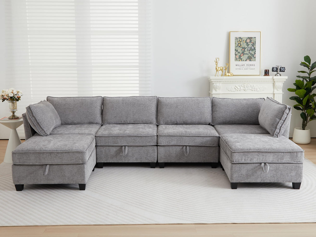 Oversize Corner Modular Sectional Sofa Set, Convertible L Shaped Couch with Storage, 8 Seater Sofa Modular with Ottomans and Reversible Chaise for Living Room, Office (Grey) ORRD
