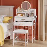 Fixwal White Small Vanity Desk Set with Lighted Mirror and Chair, Makeup Dresser with 2 Fabric Drawers, Power Outlet, Compact Table with Cushioned Stool for Bedroom Small Space Fixwal