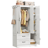 LIKIMIO Armoire Wardrobe Closet 71" H, Bedroom Wooden Wardrobe with 4 Doors and 2 Drawers, Farmhouse Clothing Storage Cabinet Combination with Hanging Rod, Shelves, and Hooks, White LIKIMIO