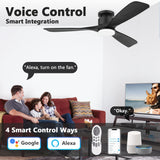 52 Inch Smart Low Profile Ceiling Fan,Solid Wood Ceiling Fan with Lights Remote,Outdoor Indoor Flush Mount,WIFI Alexa App Control,Quiet DC Motor,Dimmable,Modern Ceiling Fan for Bedroom Patio,Black Lorpies