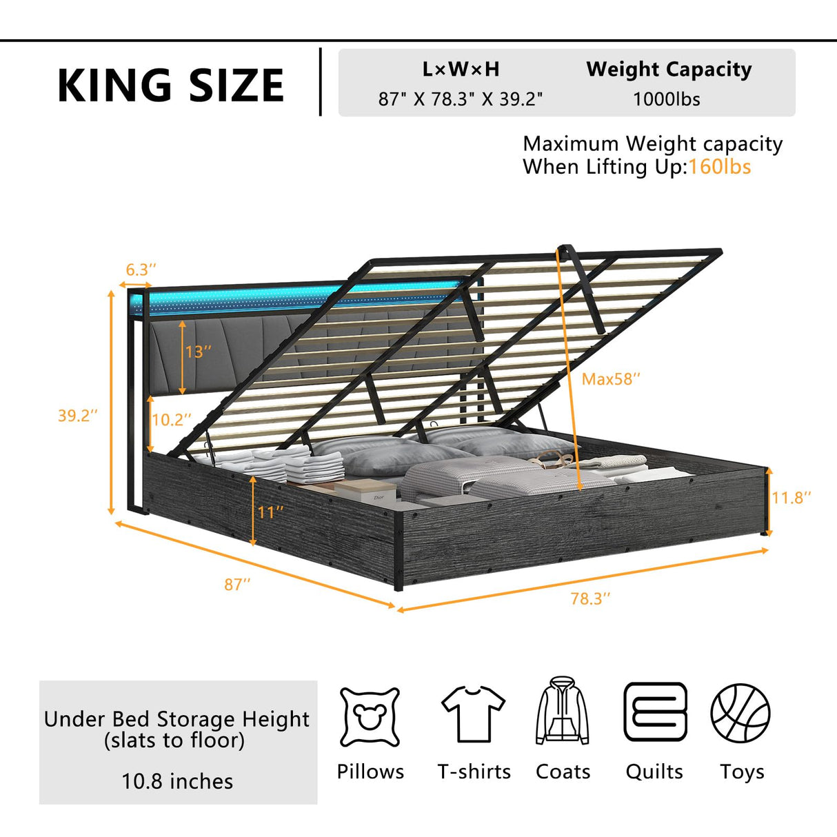 LUXOAK King Size Lift Up Storage Bed Frame with LED Lights, Linen Upholstered Headboard with Charging Station, Wooden LED Light Platform Bed Frame, No Spring Box Needed, Rustic Grey LUXOAK