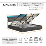 LUXOAK King Size Lift Up Storage Bed Frame with LED Lights, Linen Upholstered Headboard with Charging Station, Wooden LED Light Platform Bed Frame, No Spring Box Needed, Rustic Grey LUXOAK