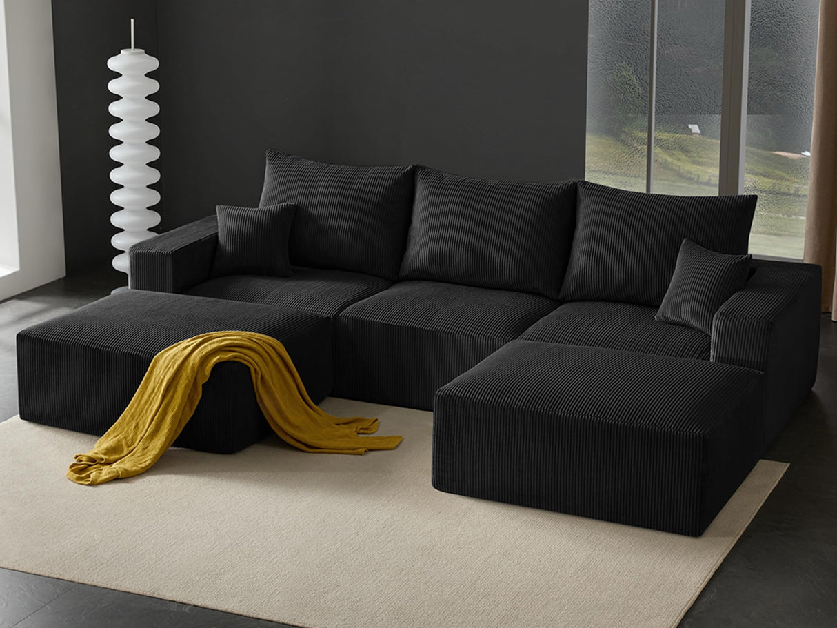 Boneless Sectional Cloud Couch Sofa for Living Room, 112" U-Shaped Modular Modern Lounge Sleeper Black Couches with Chaise, No Assemble, Cordury Compression Upholstered Sofas Gericco