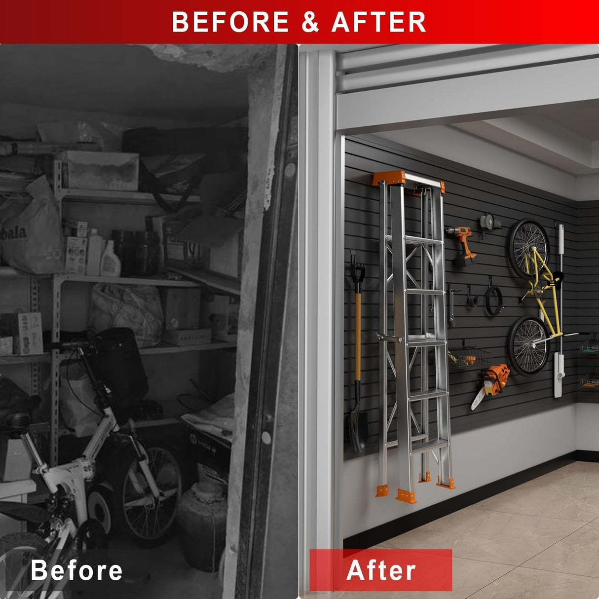 Ginchain 4'H x 8'W Slatwall Panel Garage Wall Organizer with 14 Hooks, Heavy Duty Interlocking Slat Wall Paneling Sheets, Garage Slatwall for Tool Organization Mounted Storage Systems Black Ginchain