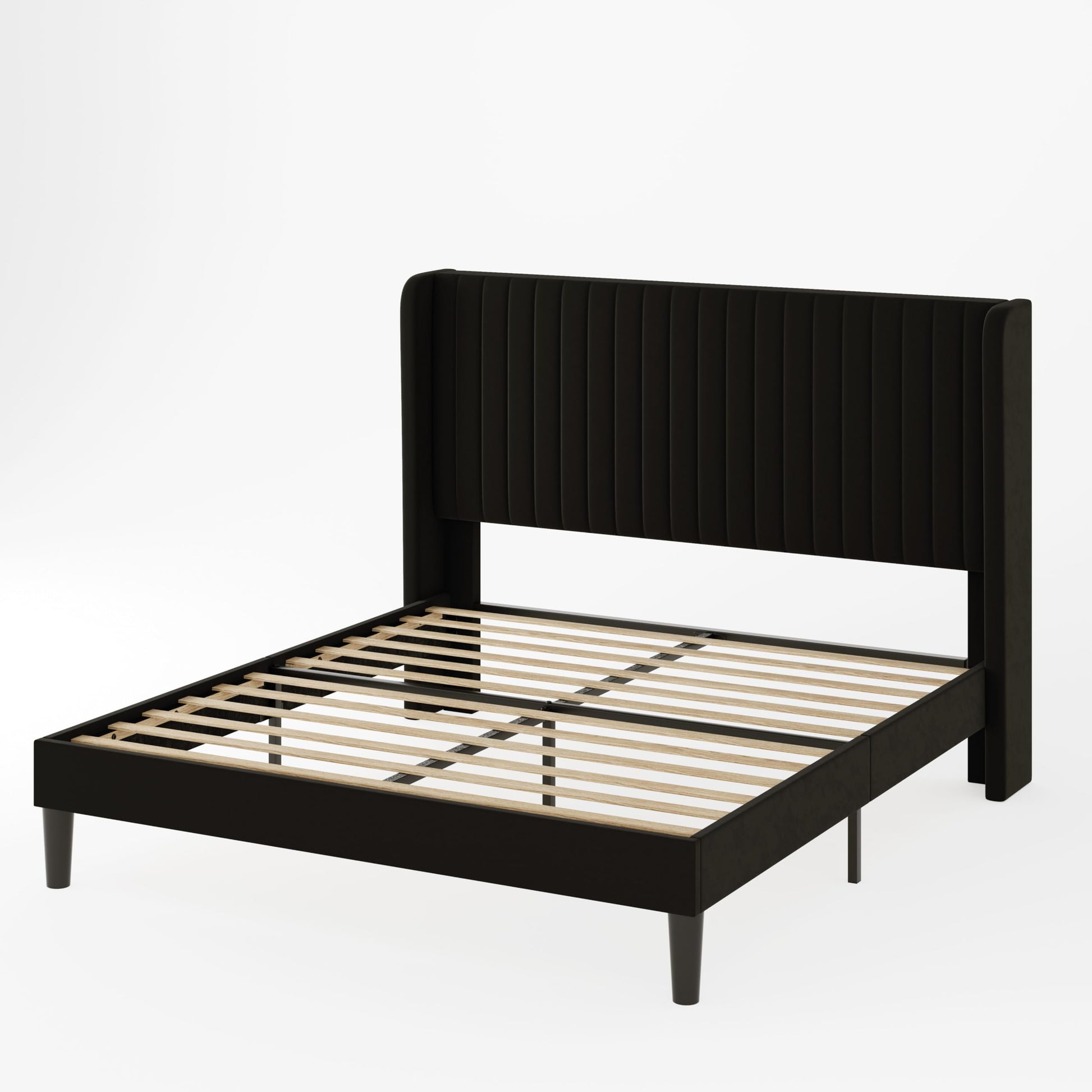 Allewie Queen Size Black Velvet Bed Frame with Wingback Headboard and Wooden Slats - WoodArtSupply