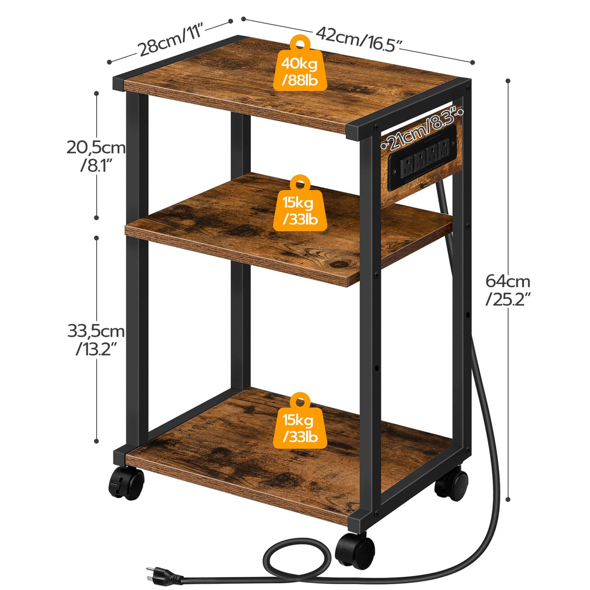 HOOBRO Industrial Printer Stand with Charging Station, 3-Tier Printer Table, Rolling Printer Cart with Adjustable Shelf and Hook, Rustic Brown and Black BF28UPS01 HOOBRO
