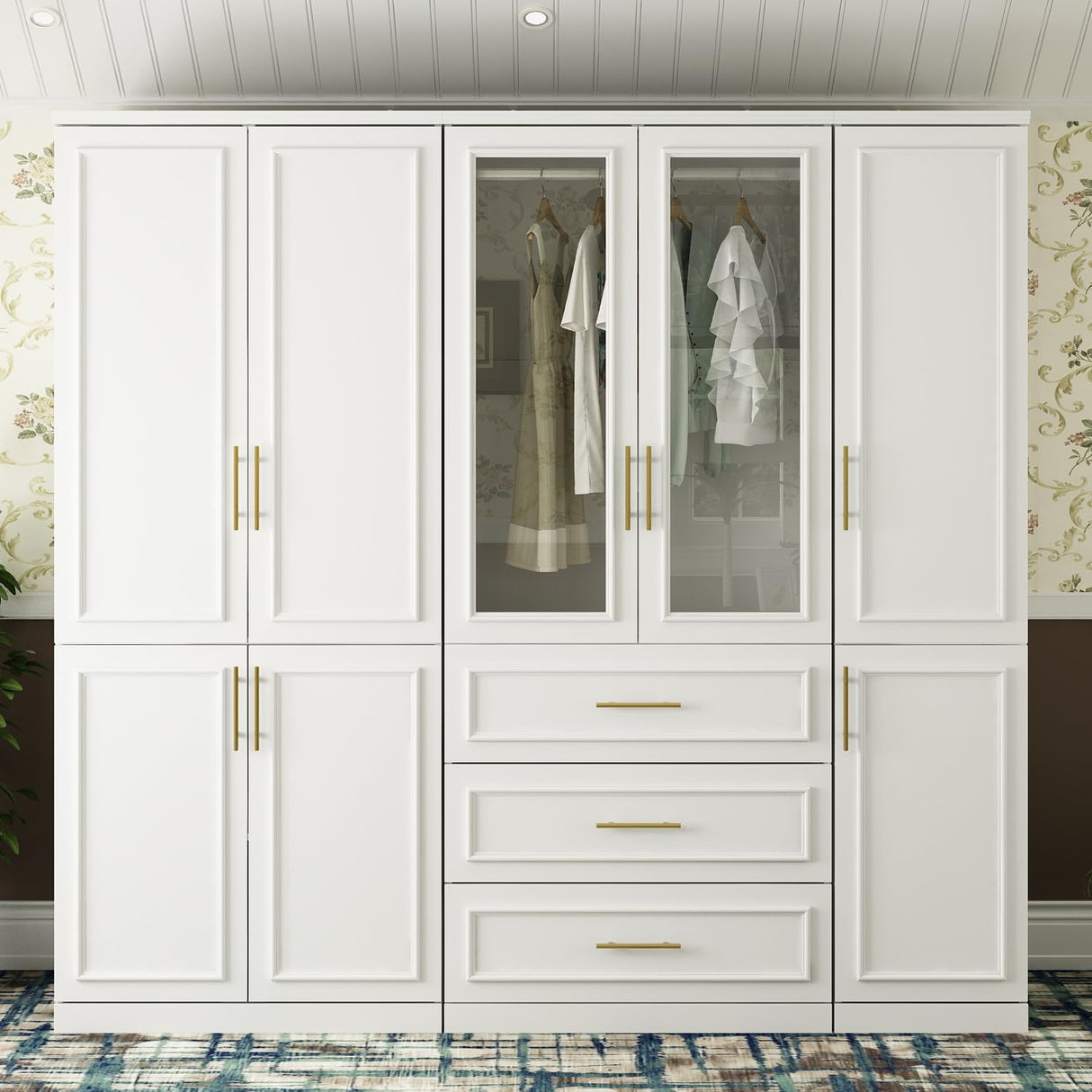 MOUMON Modern Wardrobe Cabinet with 8 Doors and Hanging Rods, White Wardrobe Armoire Closet with Gold Handles, Wardrobe with Glass Doors and 3 Drawers, for Bedroom Cloakroom, 19.3”D x 79.1”W x 74.8”H MOUMON