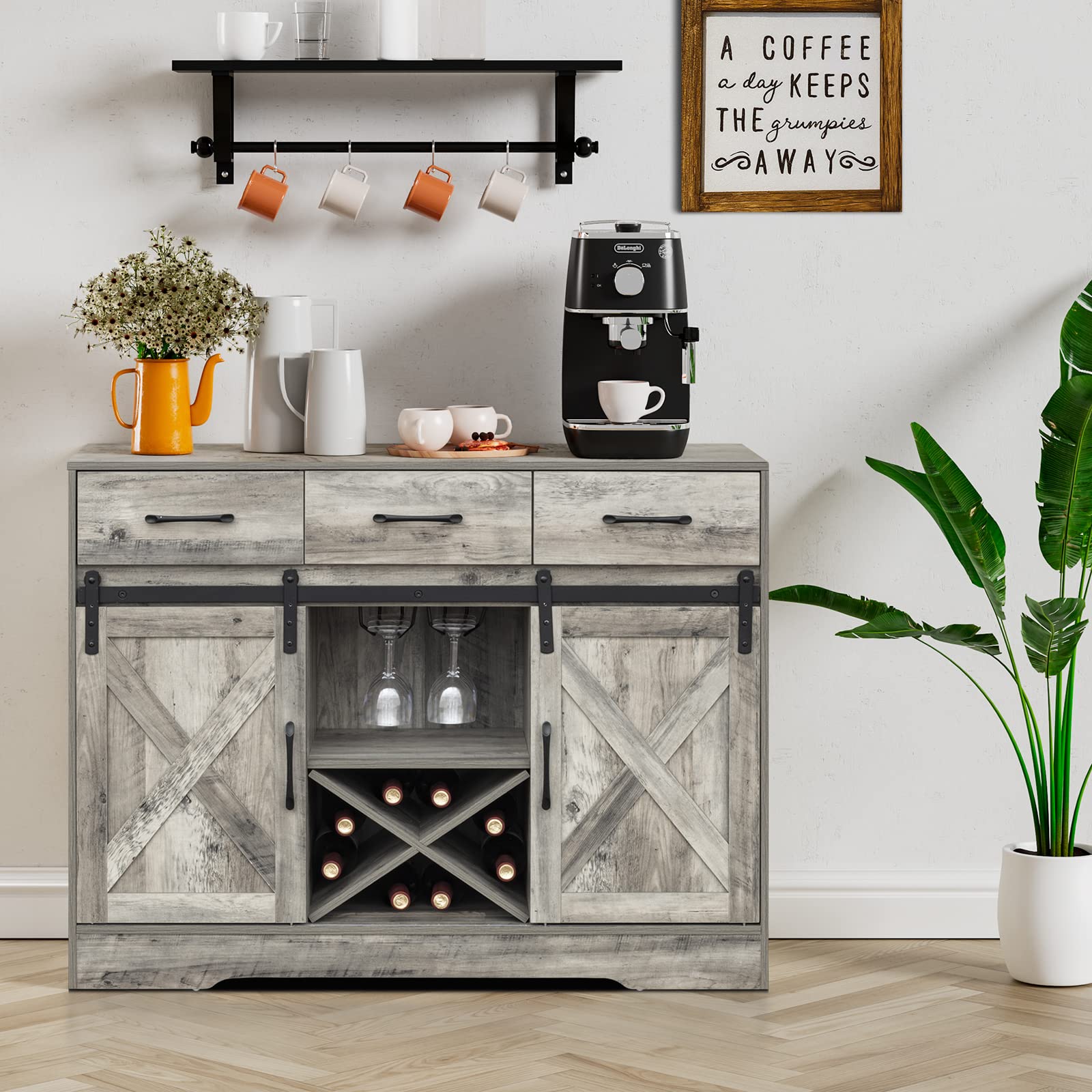 Chic Grey Farmhouse Wine Cabinet and Coffee Bar with Sliding Barn Doors and Ample Storage - WoodArtSupply