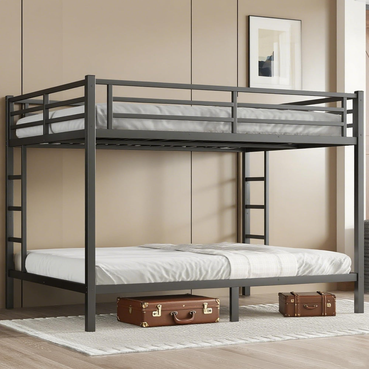 Queen Over Queen Bunk Bed for Adults, Teens, Metal Bunk Beds with 2 Ladder and Full Length Guardrail, Heavy Buty Bunk Beds with Noise-Reducing Rubber Stoppers, Black Bellemave
