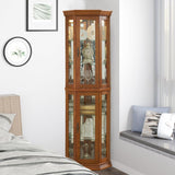 Yayzy Lighted Corner Display Curio Cabinet Wooden Curved Shelving Unit with Tempered Glass Door, Bar and Liquor Storage Area with 6 Shelves (Corner Shape, Oak) Yayzy