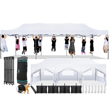COBIZI 10x30 Pop Up Canopy with 8 Sidewall,Heavy Duty Canopy UPF 50+ All Season Wind Waterproof Commercial Outdoor Wedding Party Tents for Parties Canopy Gazebo with Roller Bag(10 x 30 ft White) COBIZI