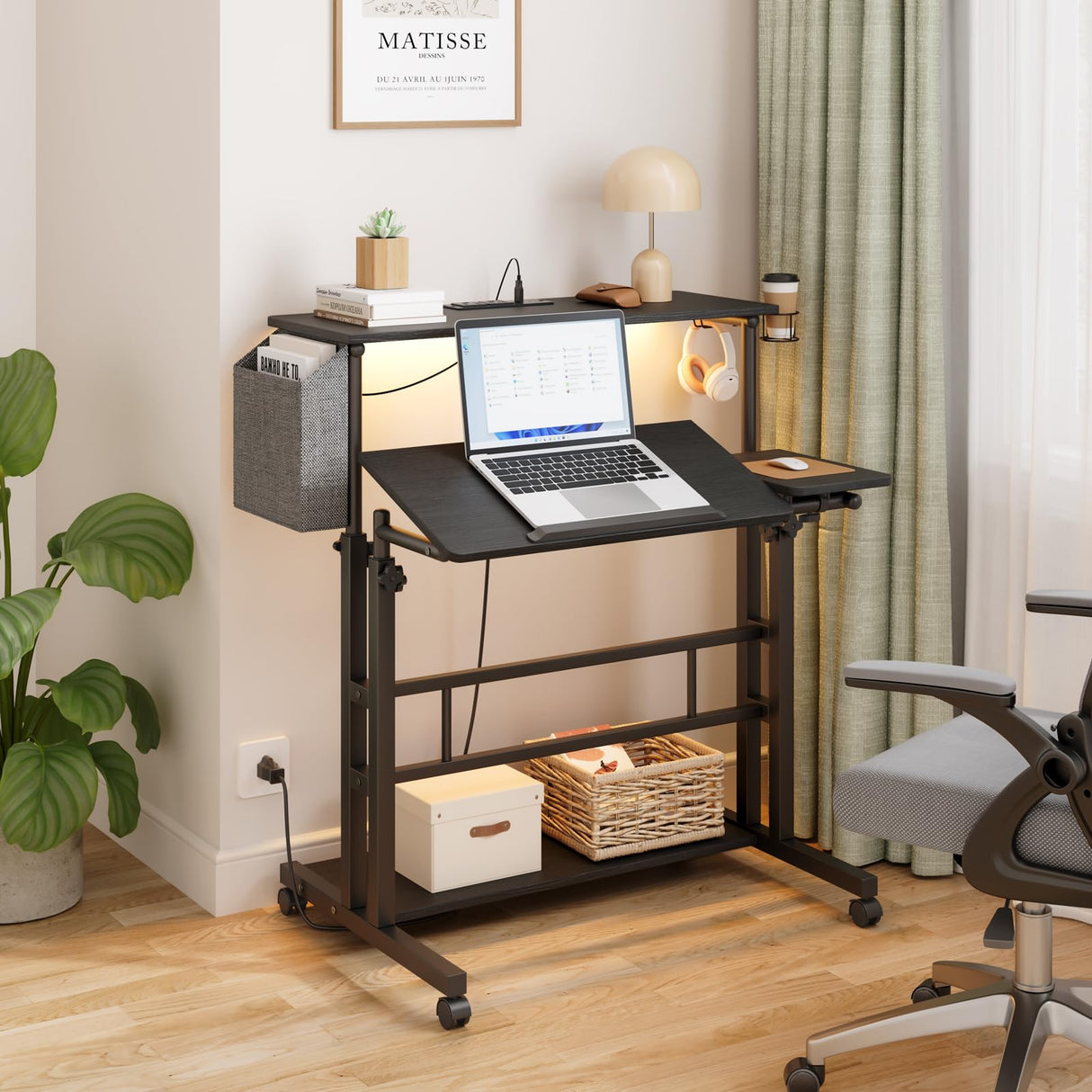 Dripex Mobile Standing Desk with Power Outlets & Strip Lights, Rolling Computer Desk with Cup Holder, Hook, Storage Bag, Adjustable Height Laptop Desk with Wheels, Small Standing Desk Drawing Desk Dripex