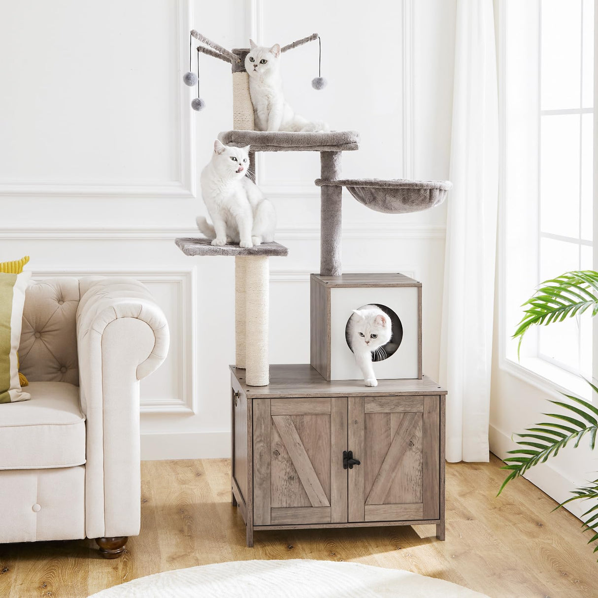 HOOBRO Cat Tree Tower with Litter Box Enclosure for Indoor Cats, Wooden Cat Condo with Scratching Posts, Cat Litter Box Furniture Hidden, All-in-One Cat Toy with Cat House, Greige BG15MZ03 HOOBRO