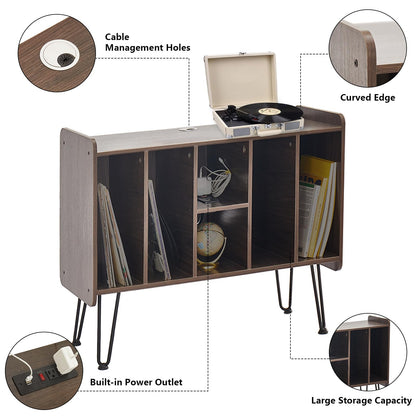 Alessing Large Record Player Stand, Record Player Stand with Vinyl Storage, Mid-Century Record Player Table with 6 Cabinet Holds Up to 200 Albums for Living Room Bedroom Office, Walnut Brown