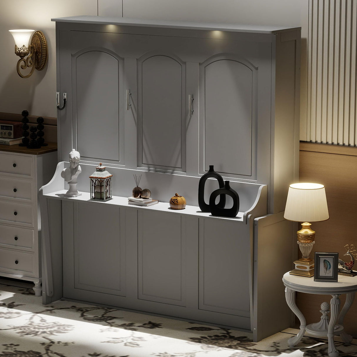 Queen Size Murphy Bed with Desk,USB Charging Station, Wall Bed Cabinet with Storage Shelves, LED Lights for Bedroom, Small Space,with Slats Support, No Need Spring Box. (Gray) Bellemave