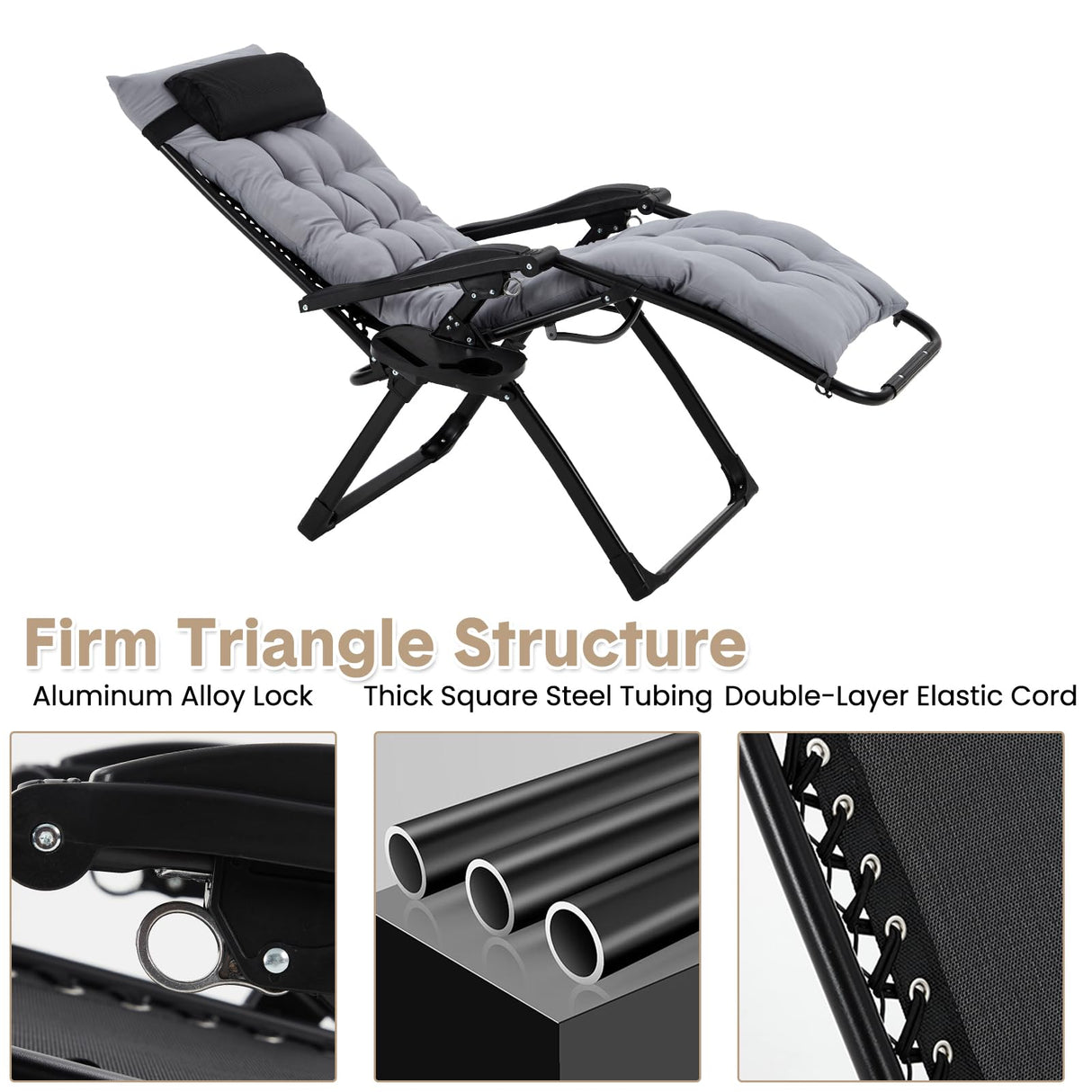 Garvee Lounge Chair Supports Indoor/Outdoor Adjustable Folding Recliner with 29 Inch Seat, Removable Cup Holder & Headrest Grey Garvee