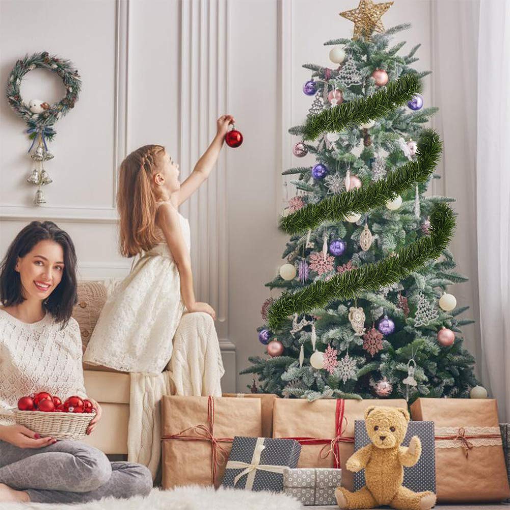 50 Feet Green Tinsel Garland Artificial Christmas Pine Decorative Garland Greenery Tinsel Stems Non-Lit Soft Twist Garland 12 Inch x 2Inch for Holiday Season Outdoor Indoor Party Decorations CCINEE