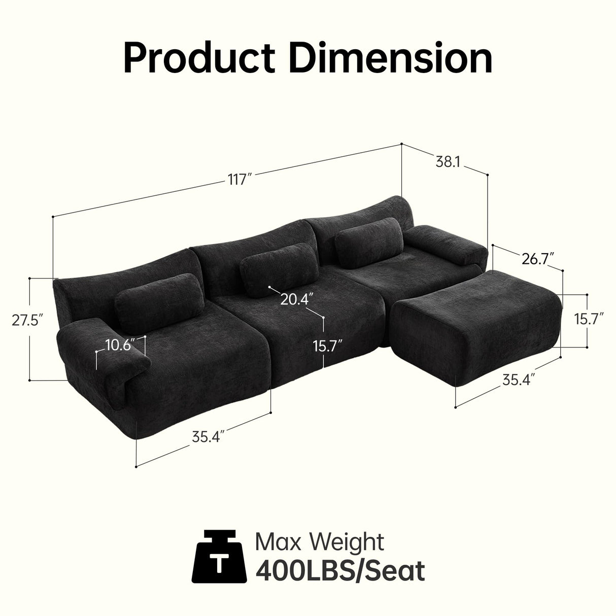 MAXMXX 117”L Shaped Modern Sofa Modular Sectional Cloud Couch with Ottoman,Oversized Boneless Sofa,3+1 Seater Chenille Deep-Seat Sofa with 3 Pillows,Suitable for Living Room or Bedroom (Black) MAXMXX