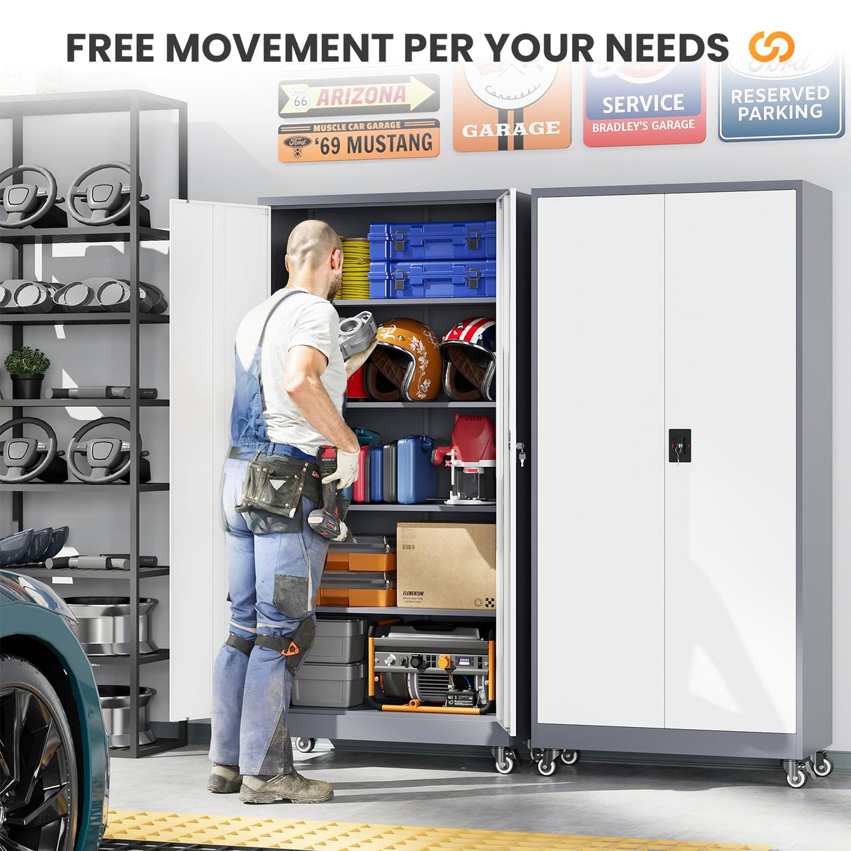 AFAIF Garage Cabinet with Wheels and Adjustable Shelves, Metal Garage Storage Cabinets with 2 Doors, Storage Caninet with Lock, Large Tool Cabnet for Workshop/Home/Office-(Gray White 75”H) AFAIF