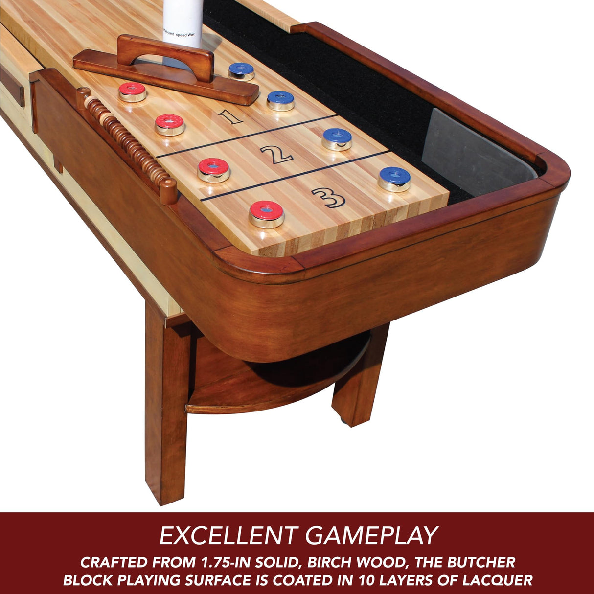 Hathaway Merlot 12-ft Shuffleboard Table for Family Game Rooms with Butcher Block Playing Surface, Reinforced Legs with Levelers, 8 Pucks, Table Brush and Wax, Walnut Hathaway