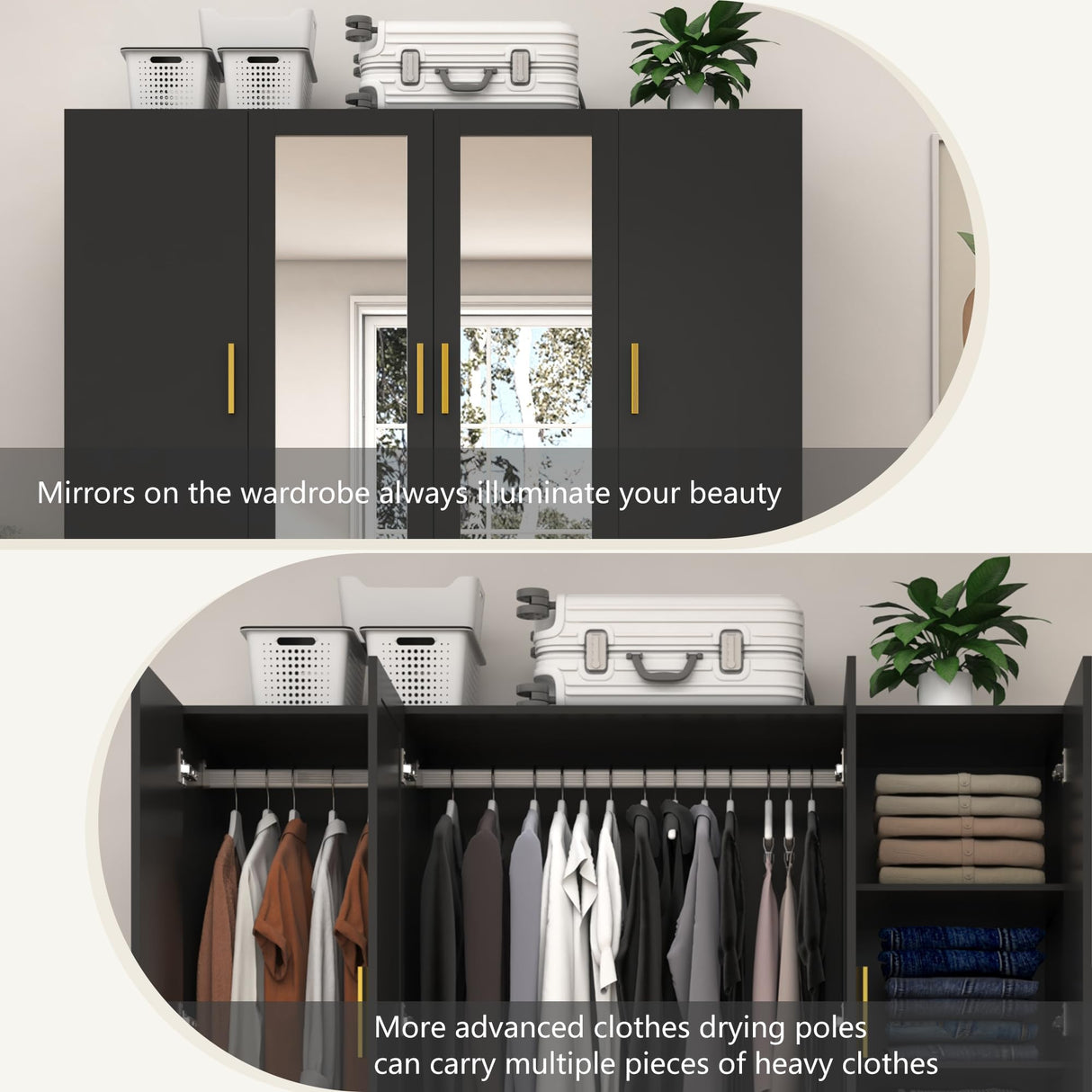 jiteentarou 4 Door Wardrobe Closet with Mirrors and LED Lights, Bedroom Armoire with Drawers and Shelves, Modern Wooden Armoire Wardrobe Closet with Hanging Rod for Bedroom, Black jiteentarou