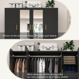 jiteentarou 4 Door Wardrobe Closet with Mirrors and LED Lights, Bedroom Armoire with Drawers and Shelves, Modern Wooden Armoire Wardrobe Closet with Hanging Rod for Bedroom, Black jiteentarou