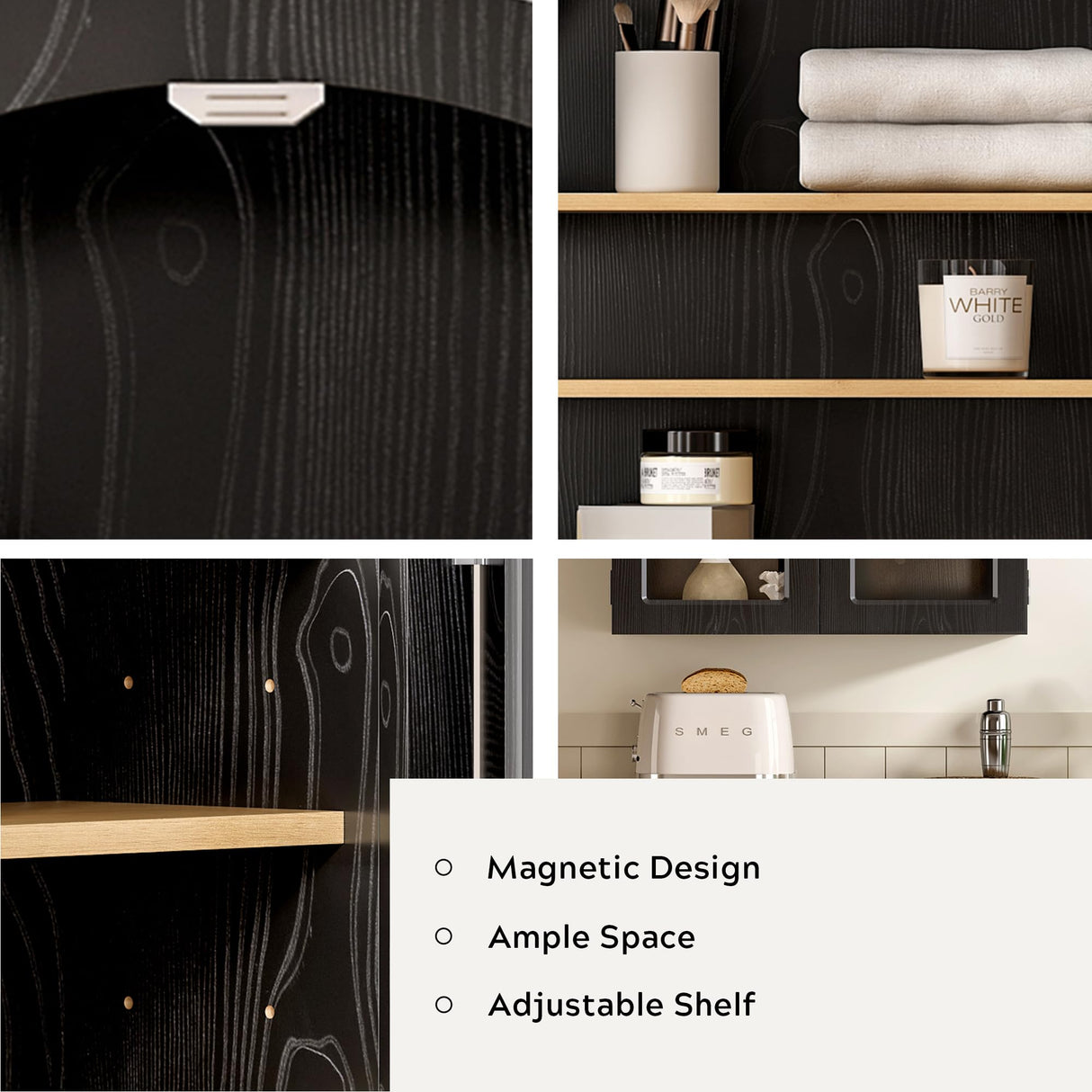 MoomJiee Large Arched Bathroom Wall Cabinet Modern Wooden Display Cabinet with Acrylic Doors Farmhouse Wall Mounted Cupboard Storage Organizer for Laundry Room, Dining Room, Black MoomJiee