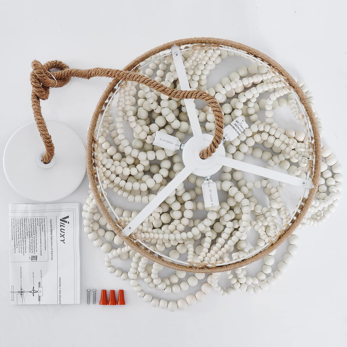 VILUXY Bohemia Wood Beaded Pendant Lights Antique Rustic Mini Chandelier White Finishing for Bedroom, Nursery Room, Girl Room, Hallway, Entryway, Passway, Dining Room, 3-Light VILUXY