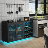 Loomie Wine Bar Cabinet with LED Lights, Floating Coffee Bar with Glass Rack and Removable Wine Racks, Modern Buffet Sideboard with Storage Shelves, Kithchen Bar with Glass Cabinet Doors, Black Loomie