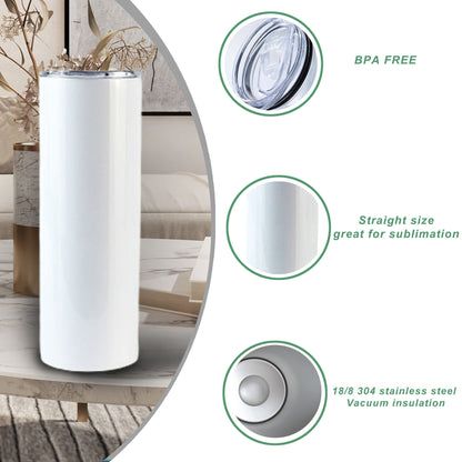 25pack sublimation straight tumbler bluk double wall stainless steel vacuum cup with metal straw and silding lid wholesale (white)