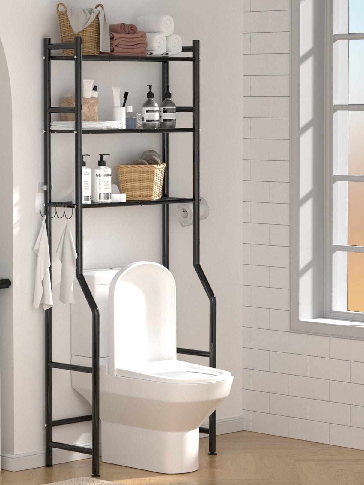 GloTika 3-Tier Over The Toilet Storage, Space Saver Metal Bathroom Shelves, Freestanding Above Over Toilet Storage Shelf with 4 Hooks for Bathroom, Black GloTika