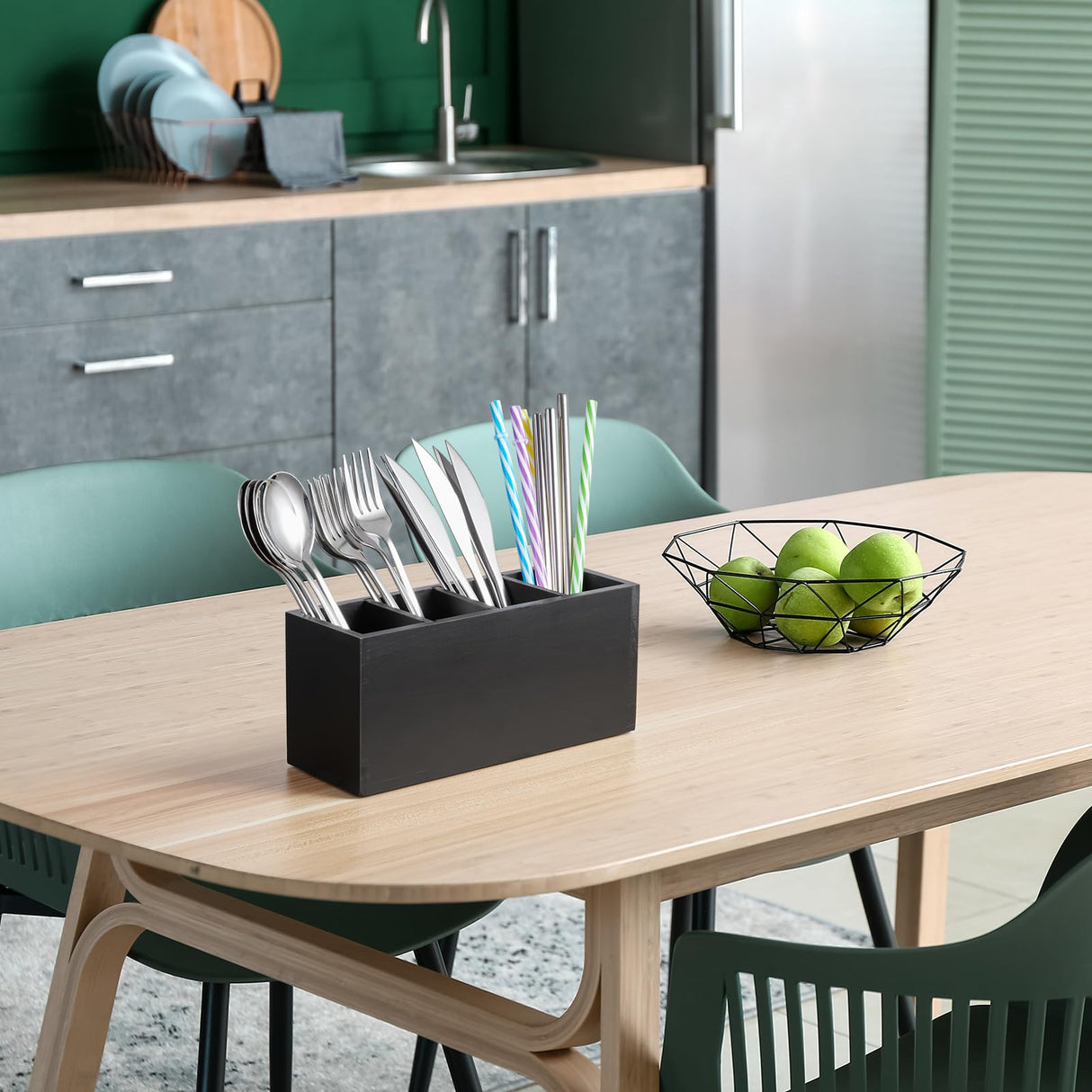 Bivvclaz Pencil Pen Holder for Desk, Wooden Office Desk Organizers and Accessories with 4 Slots for Countertop, Makeup Brush Holder Organizer for Bathroom Vanity, Silverware Caddy for Party, Black Bivvclaz