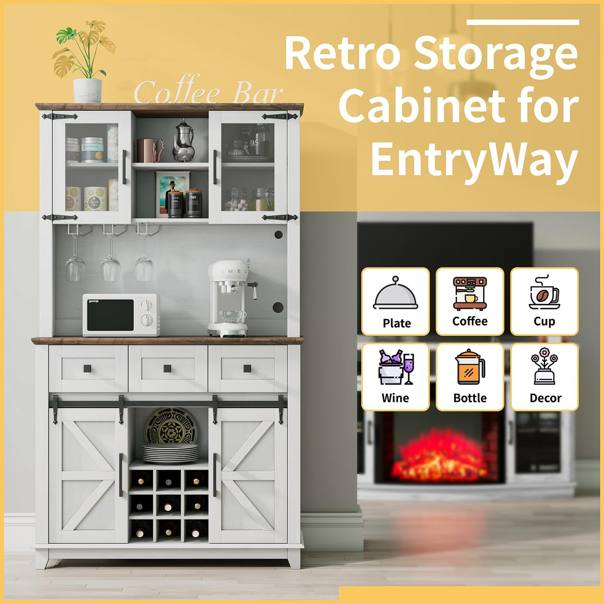 LUXOAK 72" Coffee Bar Wine Cabinet with Sliding Barn Door & LED Lights, Sideboard Buffet Cabinet with Wine Bottle Rack, 3 Drawers, Storage Cabinet for Kitchen, Dining Room, White LUXOAK