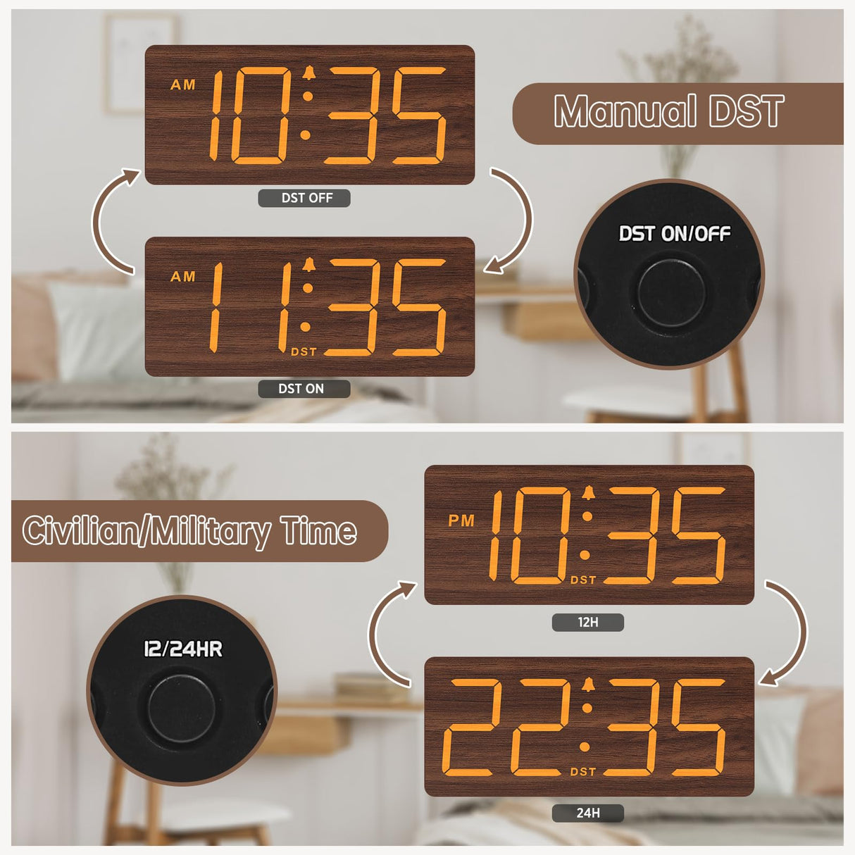 DreamSky Wooden Digital Alarm Clock for Bedroom - Desk Clocks with Large Numbers for Living Room, Office, Dimmer, USB Port, Loud Alarm for Heavy Sleepers with Volume Control, DST, Wood Decor & Gifts DreamSky