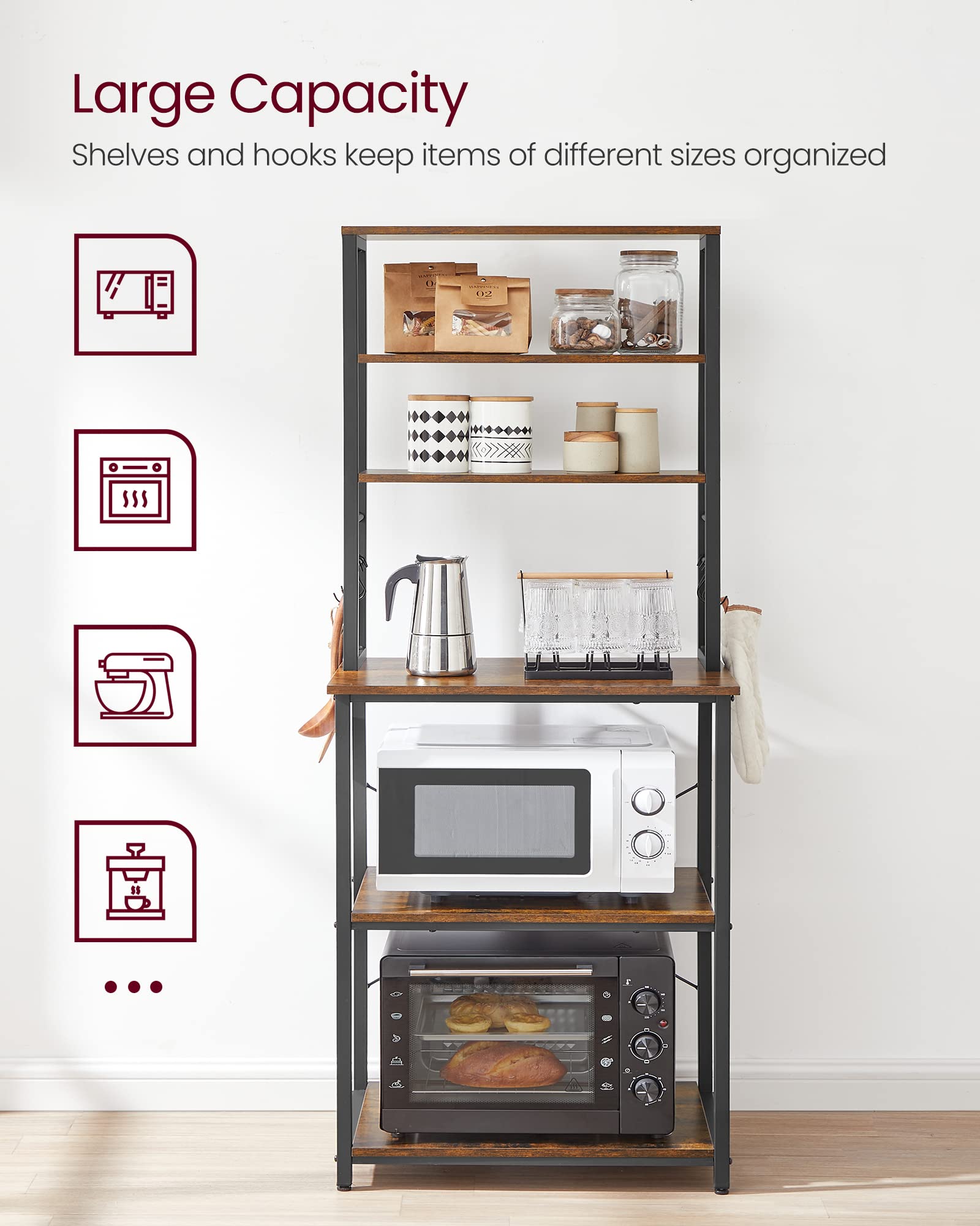 VASAGLE Rustic Brown and Black 6-Tier Kitchen Baker's Rack with Storage and S-Hooks - WoodArtSupply