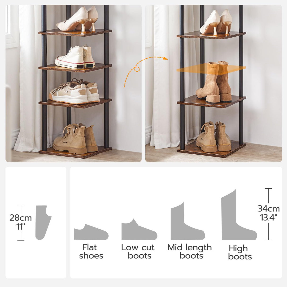 HOOBRO Vertical Shoe Rack, 8-Tier Narrow Shoe Shelf, Shoe Storage Organizer for Small Space, 11" L x 11" W x 53" H, Closet, Entryway, Hallway, Bedroom, Rustic Brown and Black BF22XJ01 HOOBRO
