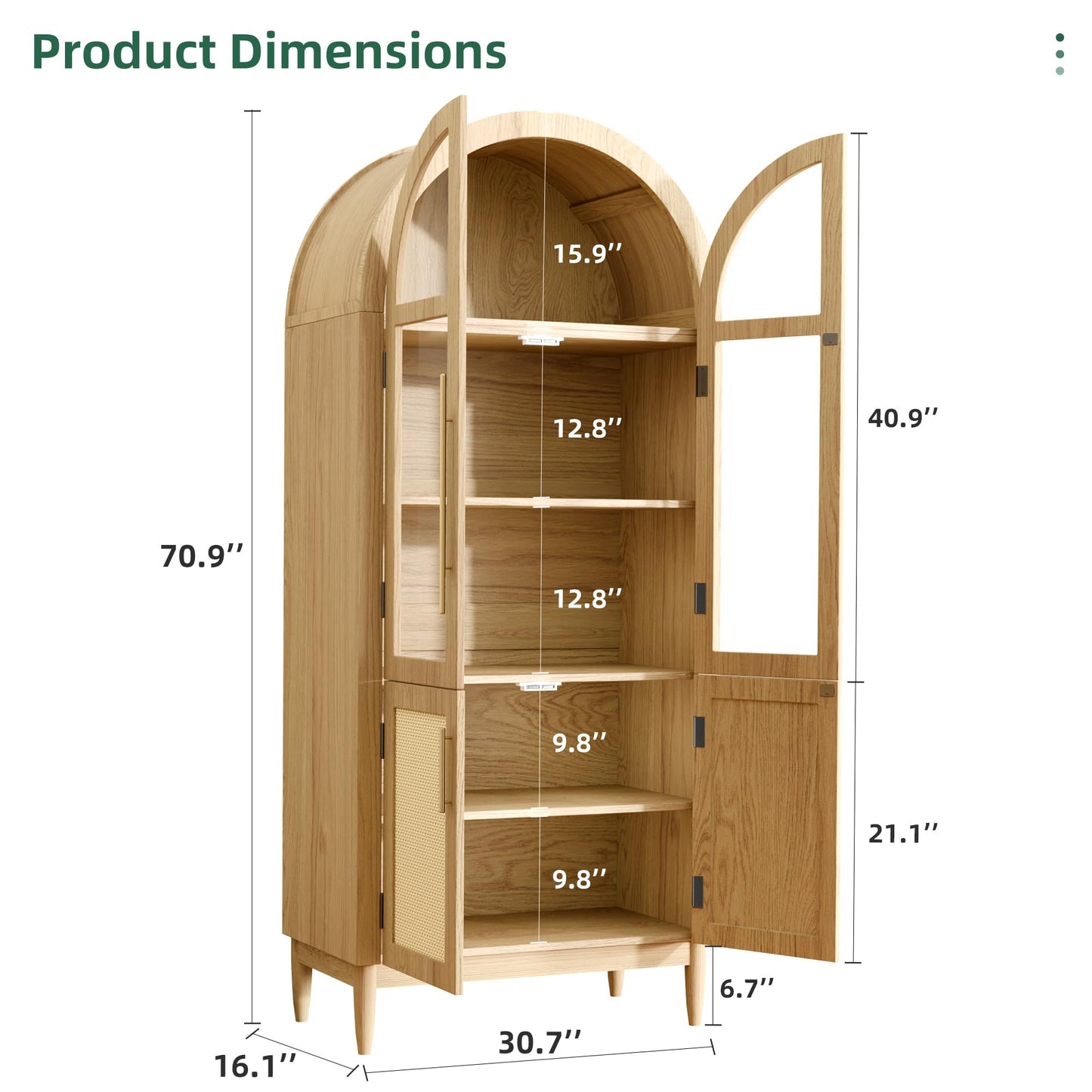 infurnic Arched Storage Cabinet 71”Tall Modern Farmhouse Stylish Kitchen Cabinet with Glass Doors, Solid Wood Legs, and Storage Shelves for Living Room, Dining Room or Office, Oak