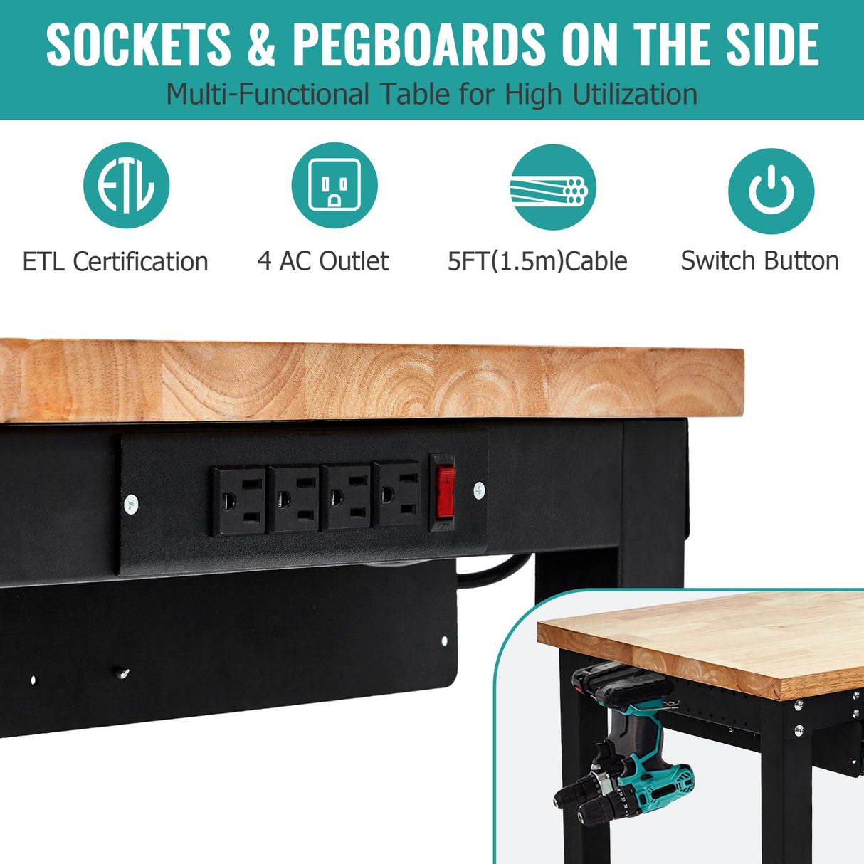 60 Inches Workbench, Rubber Wood Tabletop Work Table with 2 Drawers & Pegboard, 3000 LBS Heavy Duty Adjustable Height Work Bench with Power Outlets for Workshop, Office, Garage TROPOW