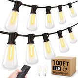 Outdoor String Led Patio Lights - 100Ft 30M Outside Waterproof Light With Remote Dimmable ST38 Shatterproof Bulb Connectable Hanging Outdoor Electric Lighting For Backyard Yard Gazebo Porch Party MGVIH