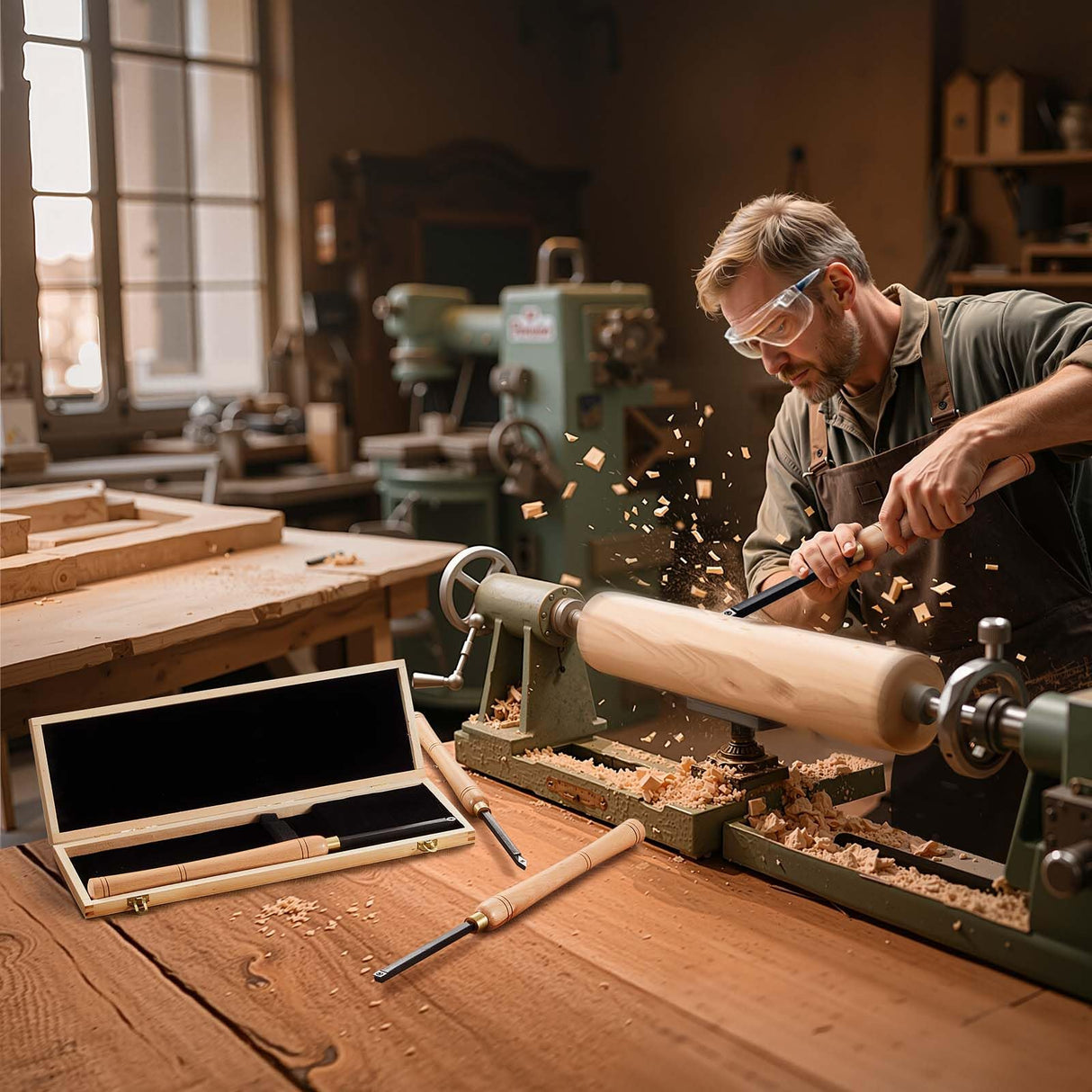 VEVOR Wood Lathe Turning Tool Set, 4PCS Lathe Roughing Finishing and Detailing Hollow Tool with Wooden Handle Diamond Round Square Carbide Inserts Wooden Box for Beginners Hobbyists Professionals VEVOR