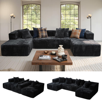 130'' U Shaped Sectional Couches for Living Room, Modular Boneless Cloud Sofa with 2 Chaise Lounges, 4-in-1 Flexible Combination Layered Foam Cushion Deep Seat Corner Couch, No Assembly Black